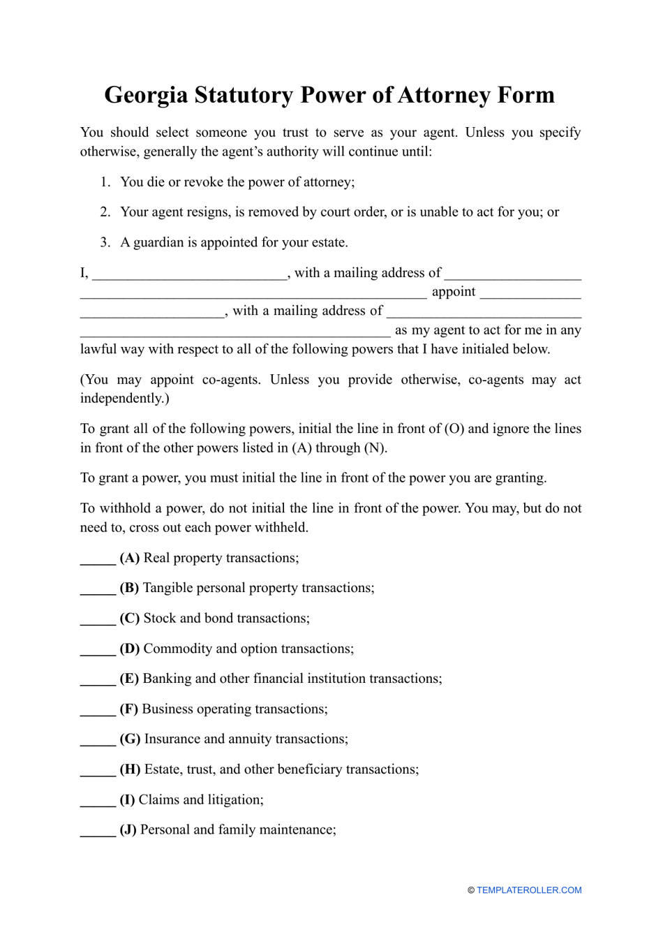 Statutory Power of Attorney Form - Georgia (United States), Page 1