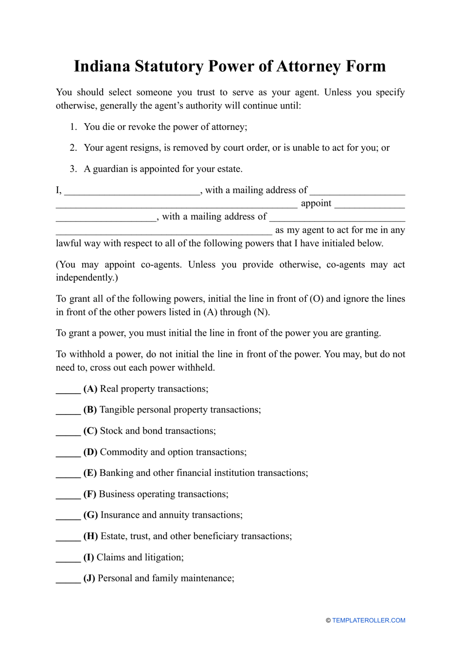 Statutory Power of Attorney Form - Indiana, Page 1