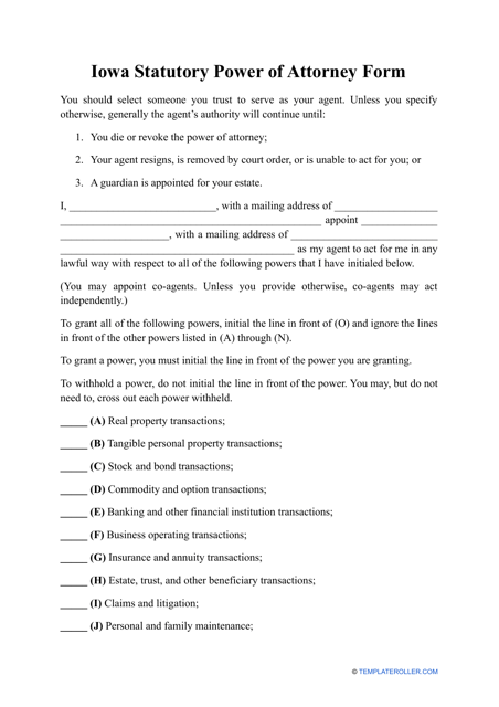 Statutory Power of Attorney Form - Iowa Download Pdf