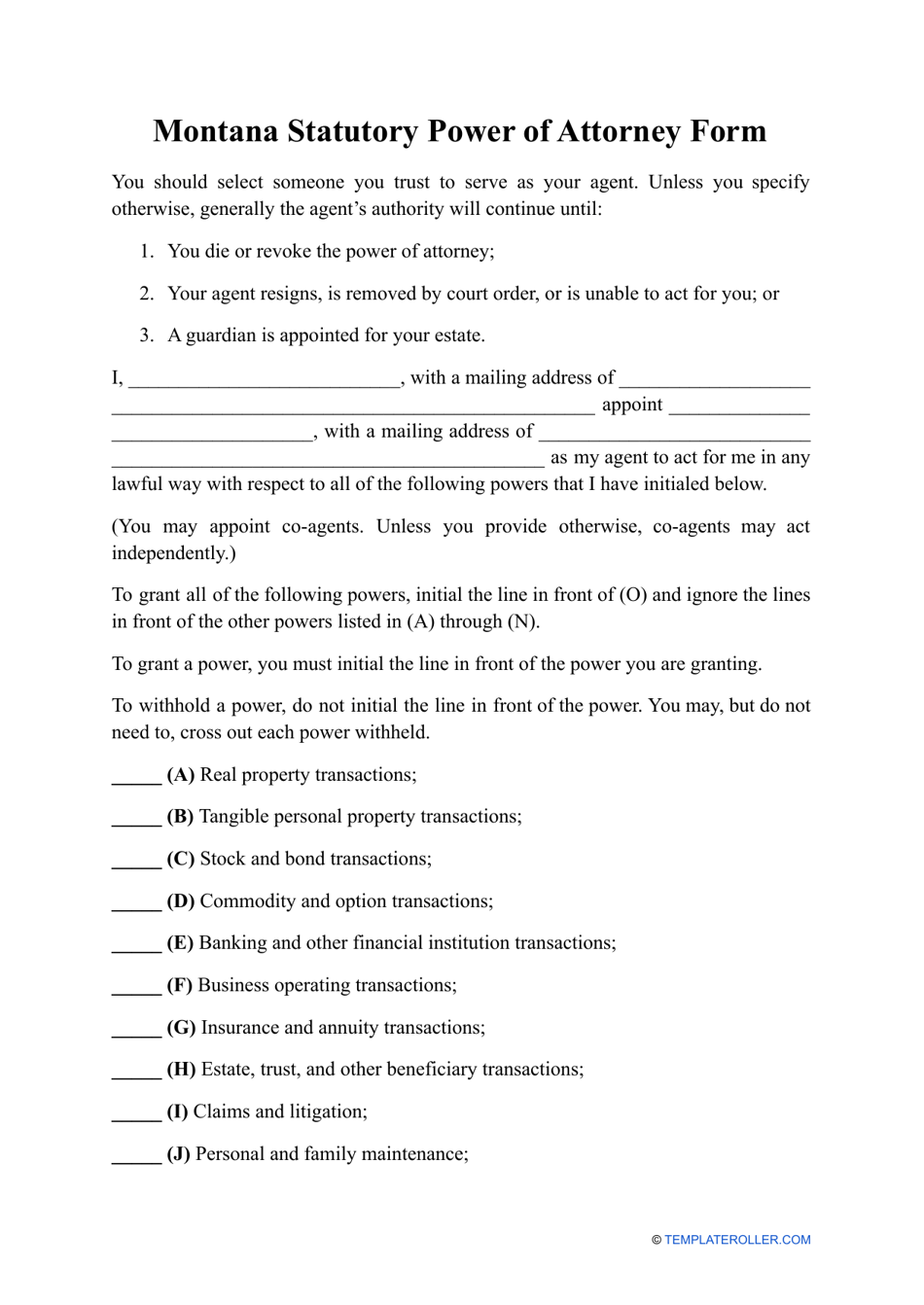 Montana Statutory Power of Attorney Form - Fill Out, Sign Online and ...