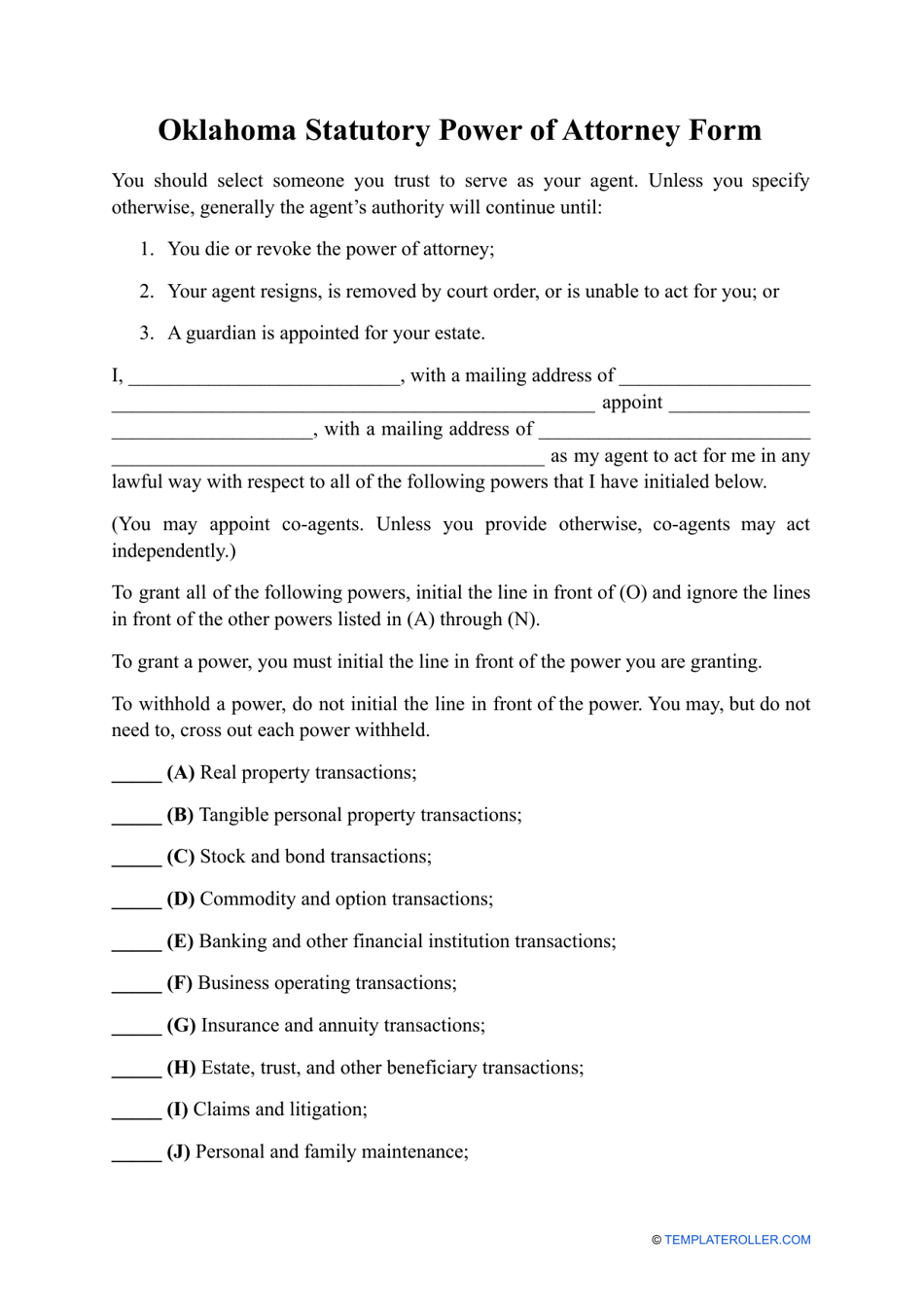 Statutory Power of Attorney Form - Oklahoma, Page 1