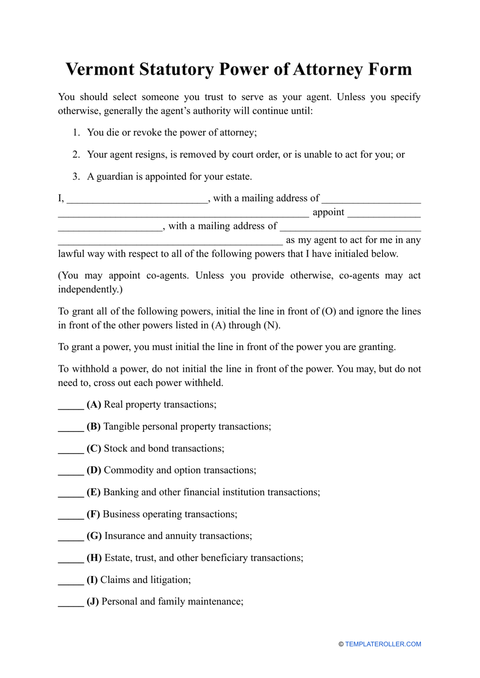 Vermont Statutory Power of Attorney Form Fill Out, Sign Online and