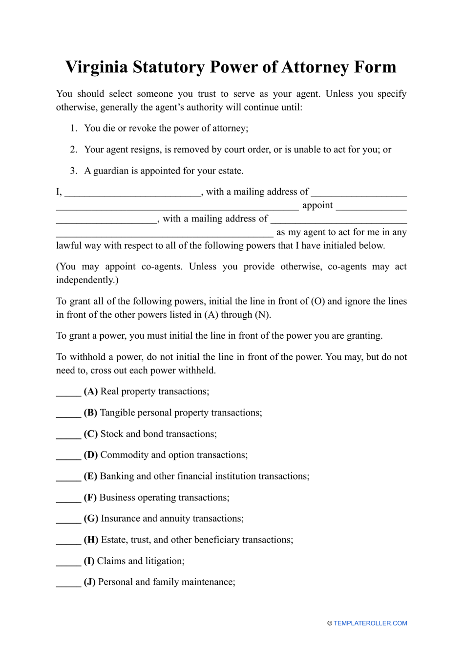 Virginia Statutory Power of Attorney Form - Fill Out, Sign Online and ...