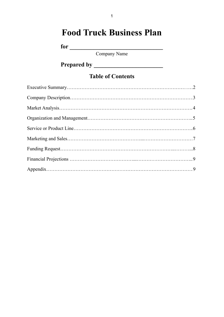 Food Truck Business Plan Template, Page 1
