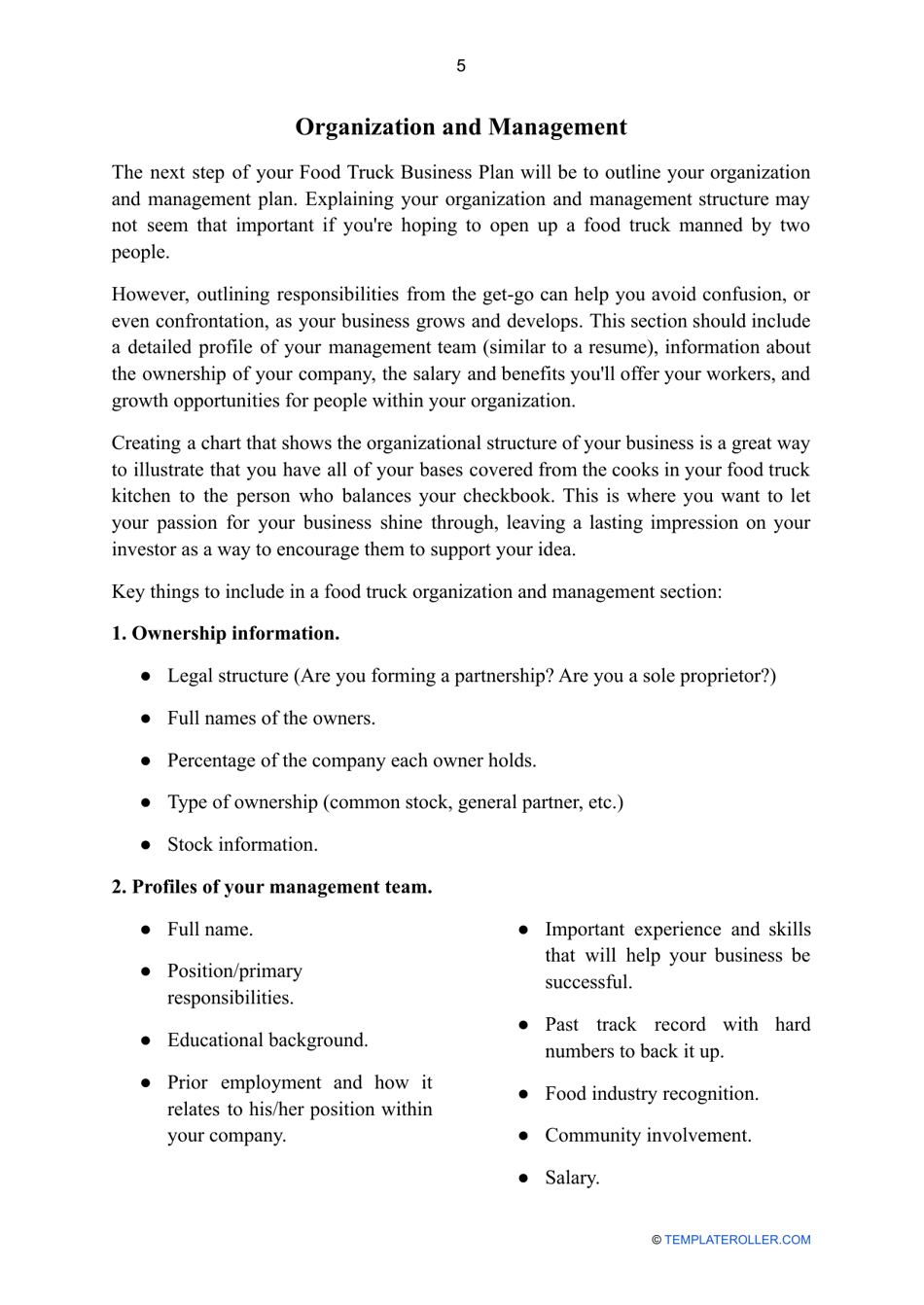 Food Truck Business Plan Template, Page 5