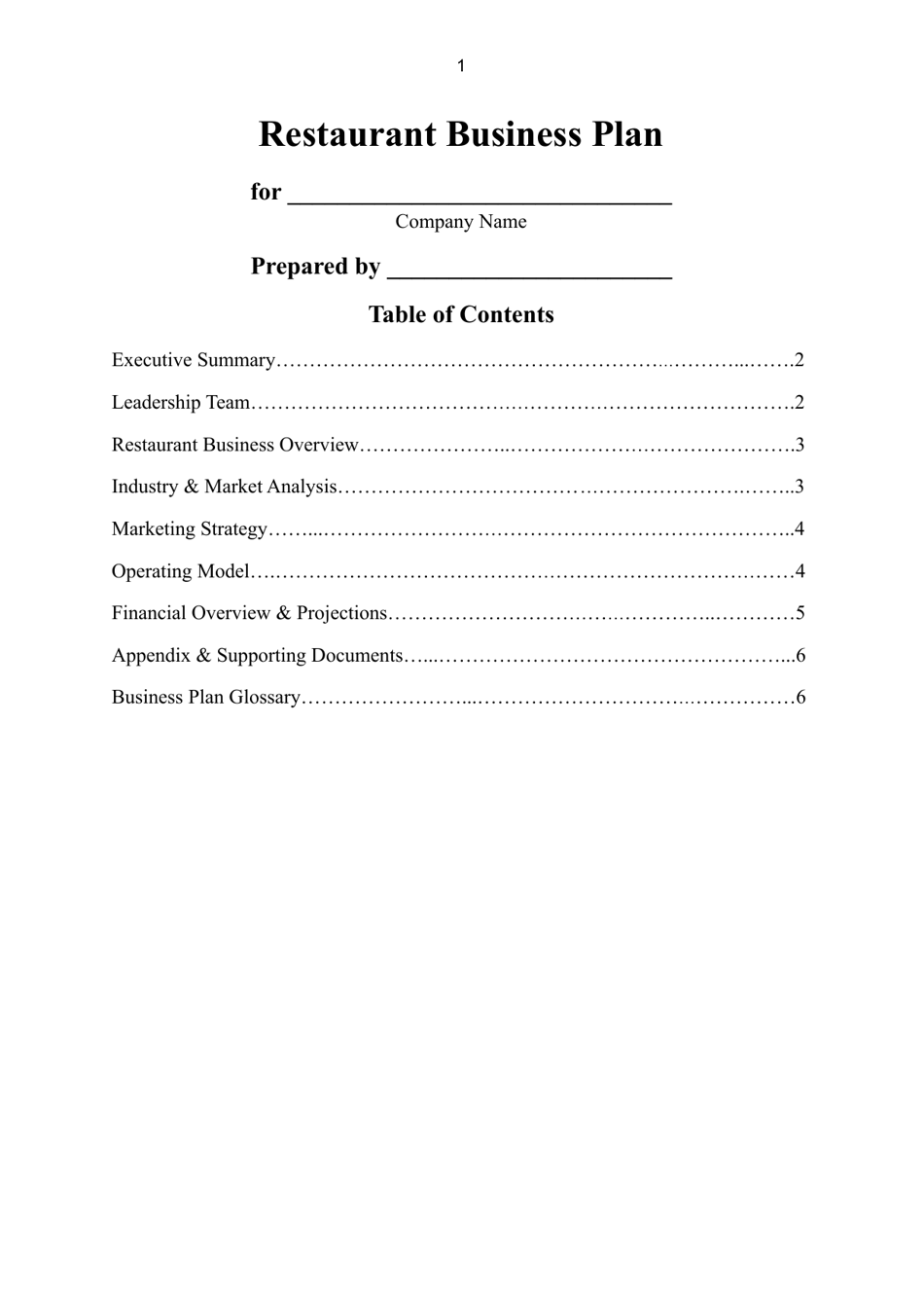 Restaurant Business Plan Template, Page 1