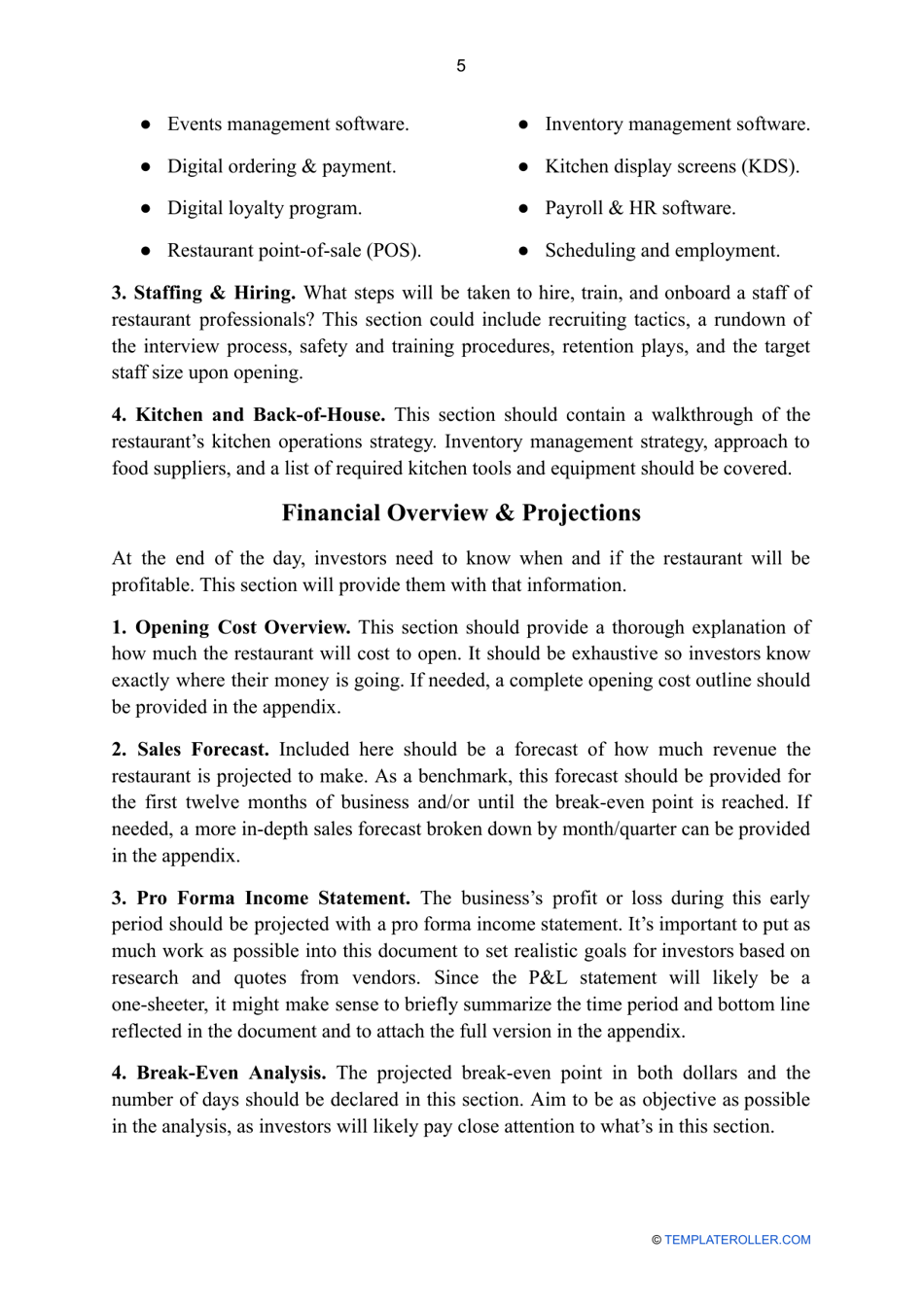 Restaurant Business Plan Template, Page 5