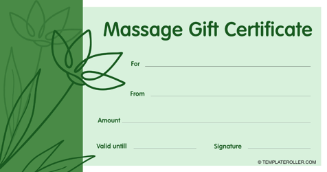 Document preview: Massage Gift Certificate Template - Green