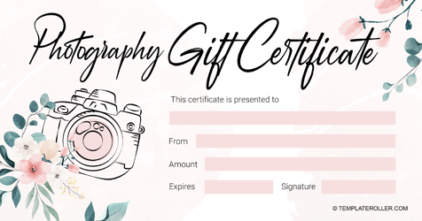 Document preview: Photography Gift Certificate Template - Beige