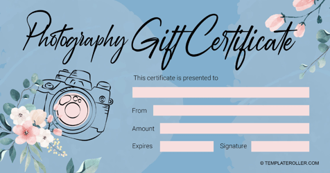 Document preview: Photography Gift Certificate Template - Blue