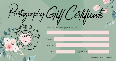 Document preview: Photography Gift Certificate Template - Green