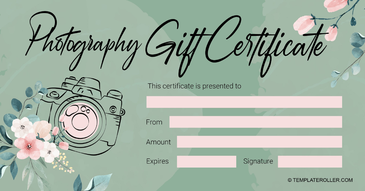 Green Photography Gift Certificate Template with elegant design and customizable elements