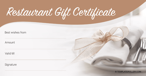 &quot;Restaurant Gift Certificate Template - Brown&quot;