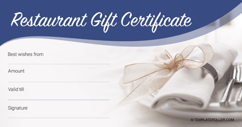 Document preview: Restaurant Gift Certificate Template - Blue