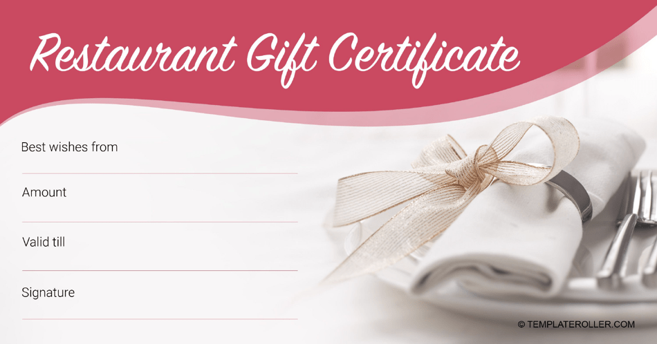 Restaurant Gift Certificate Template - Pink, Page 1