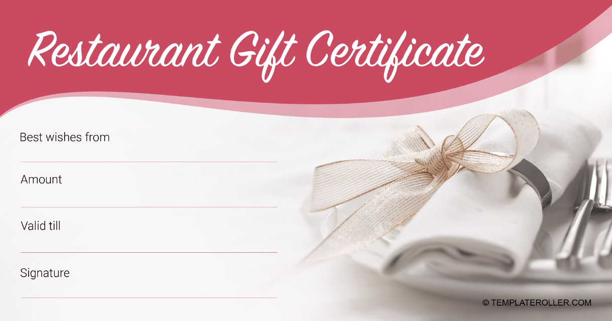 Restaurant Gift Certificate Template - Pink Download Pdf