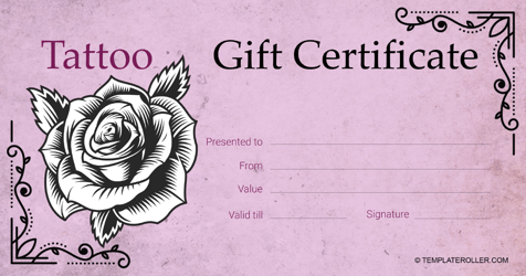 Document preview: Tattoo Gift Certificate Template - Pink