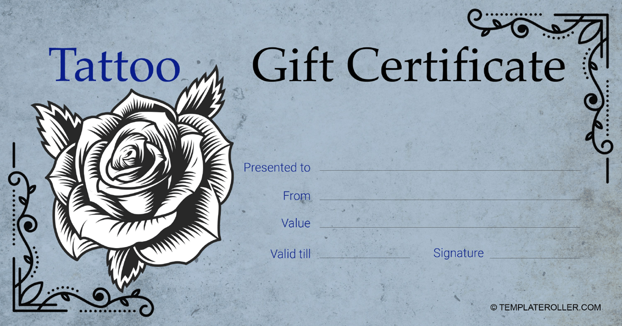 Premium Tattoo Gift Certificate Template in Grey - Easily customizable and printable design for your tattoo salon.