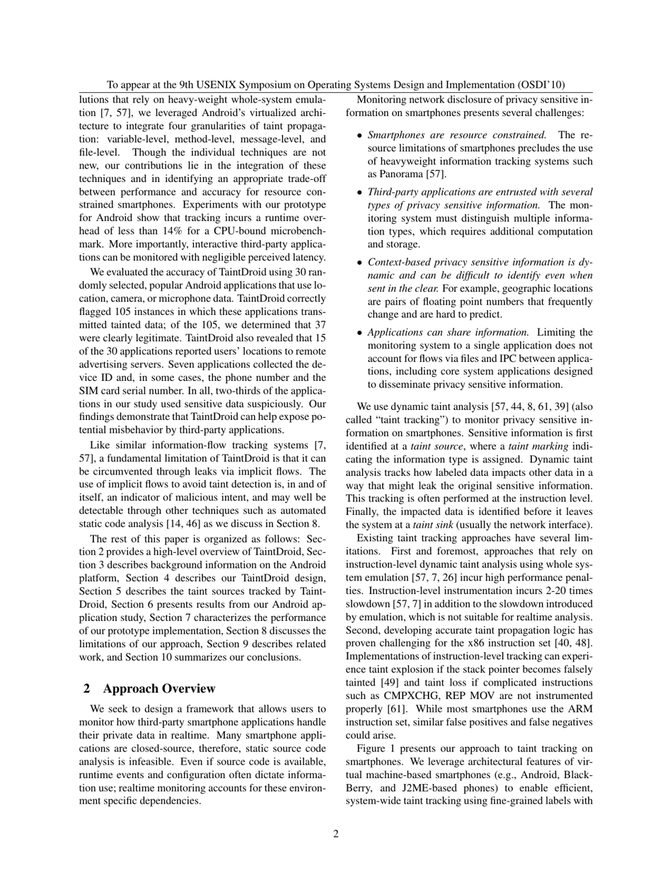 Taintdroid: an Information-Flow Tracking System for Realtime Privacy Monitoring on Smartphones - William Enck, Peter Gilbert, Byung-Gon Chun, Landon P. Cox, Jaeyeon Jung, Patrick Mcdaniel, Anmol N. Sheth, Page 2