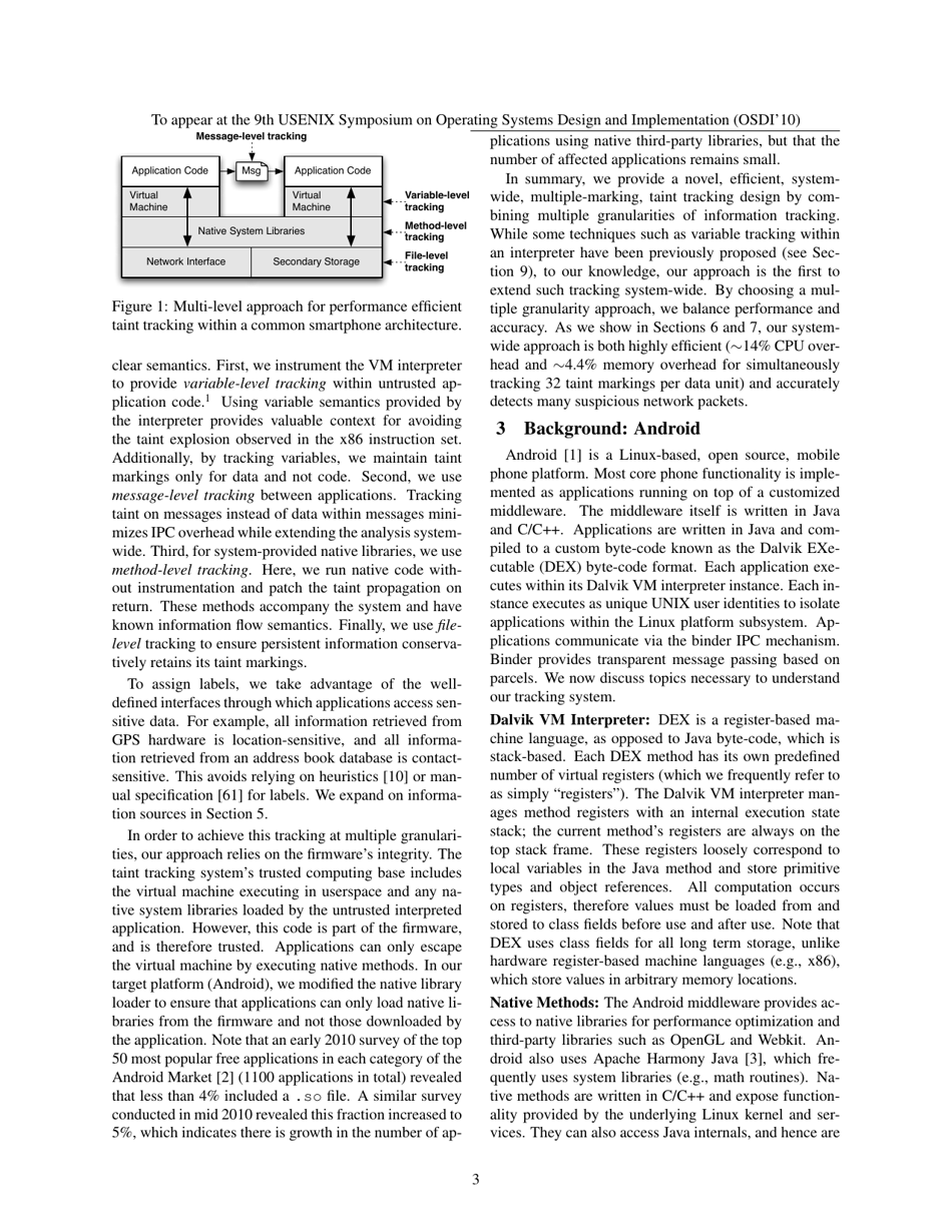 Taintdroid: an Information-Flow Tracking System for Realtime Privacy Monitoring on Smartphones - William Enck, Peter Gilbert, Byung-Gon Chun, Landon P. Cox, Jaeyeon Jung, Patrick Mcdaniel, Anmol N. Sheth, Page 3