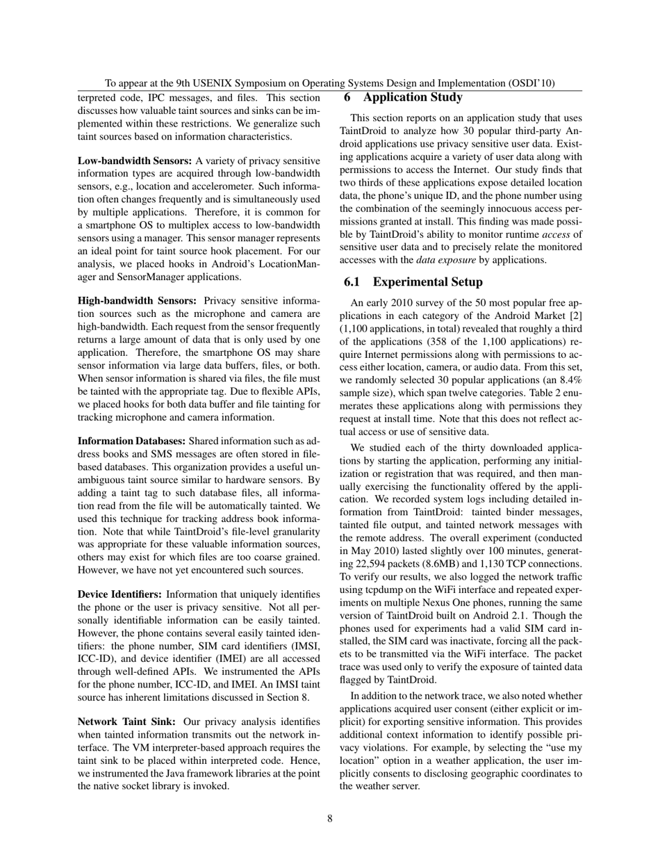 Taintdroid: an Information-Flow Tracking System for Realtime Privacy Monitoring on Smartphones - William Enck, Peter Gilbert, Byung-Gon Chun, Landon P. Cox, Jaeyeon Jung, Patrick Mcdaniel, Anmol N. Sheth, Page 8