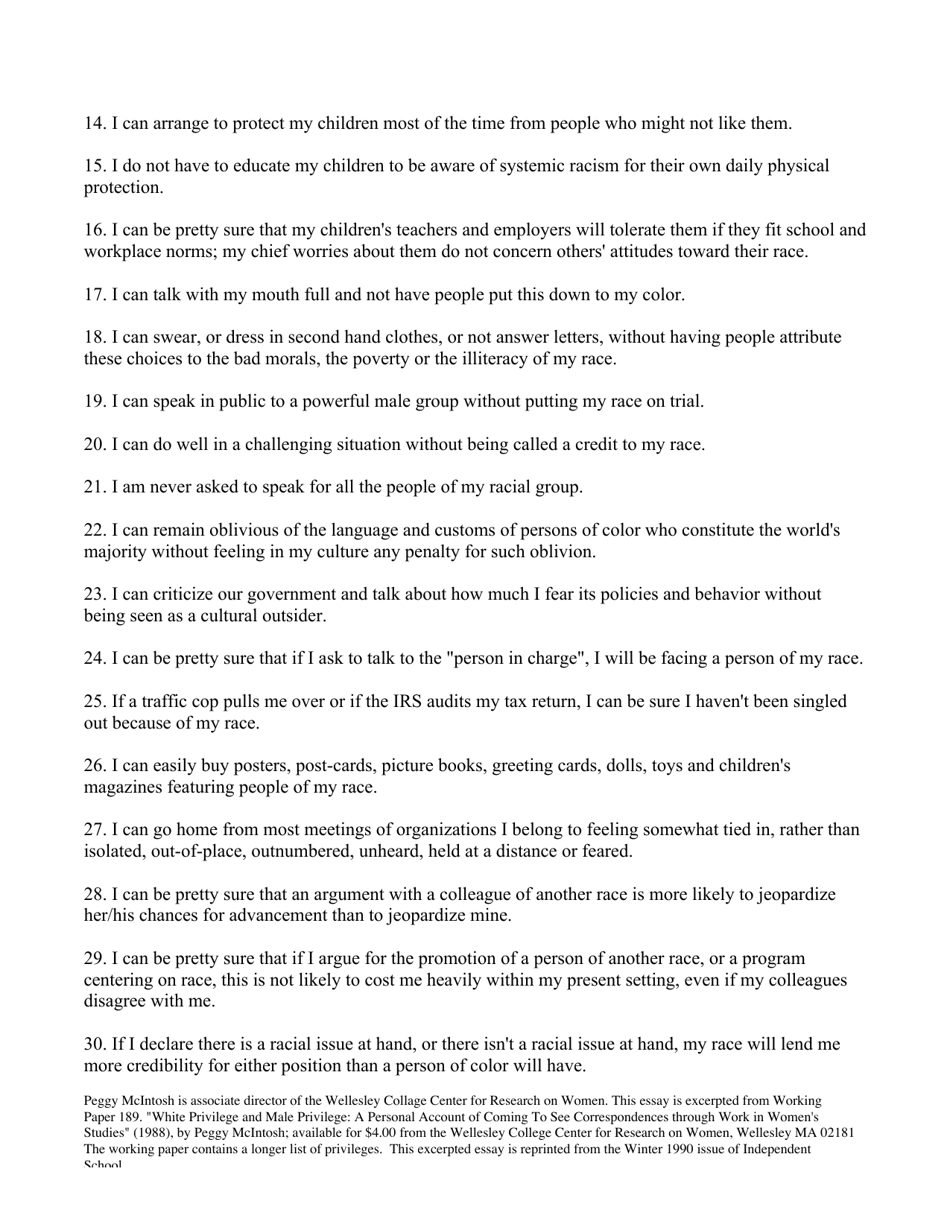 White Privilege: Unpacking the Invisible Knapsack - Peggy Mcintosh, Page 3