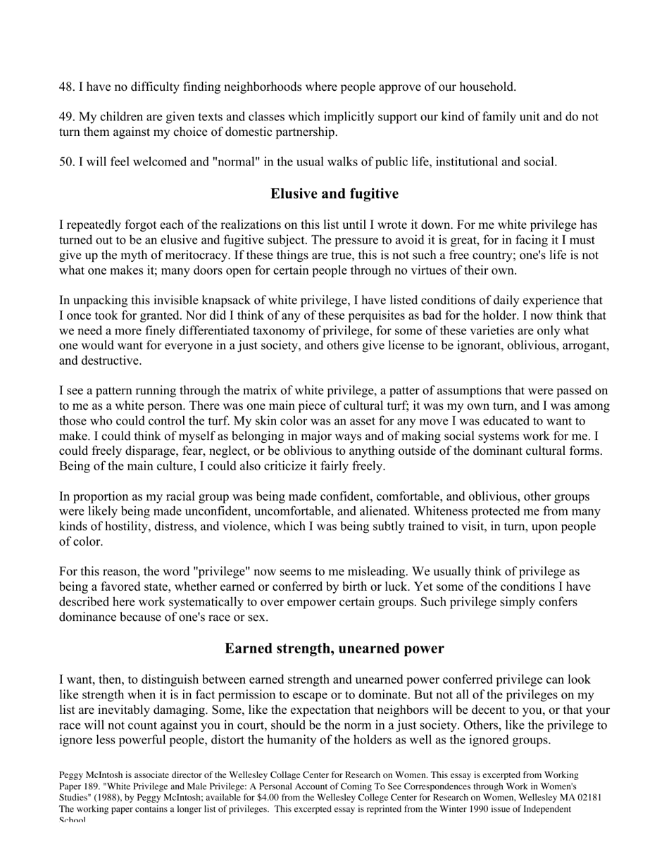 White Privilege: Unpacking the Invisible Knapsack - Peggy Mcintosh, Page 5