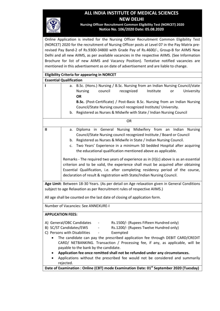 Nursing Officer Recruitment Common Eligibility Test (Norcet) 2020 - All India Institute of Medical Sciences - Delhi, India