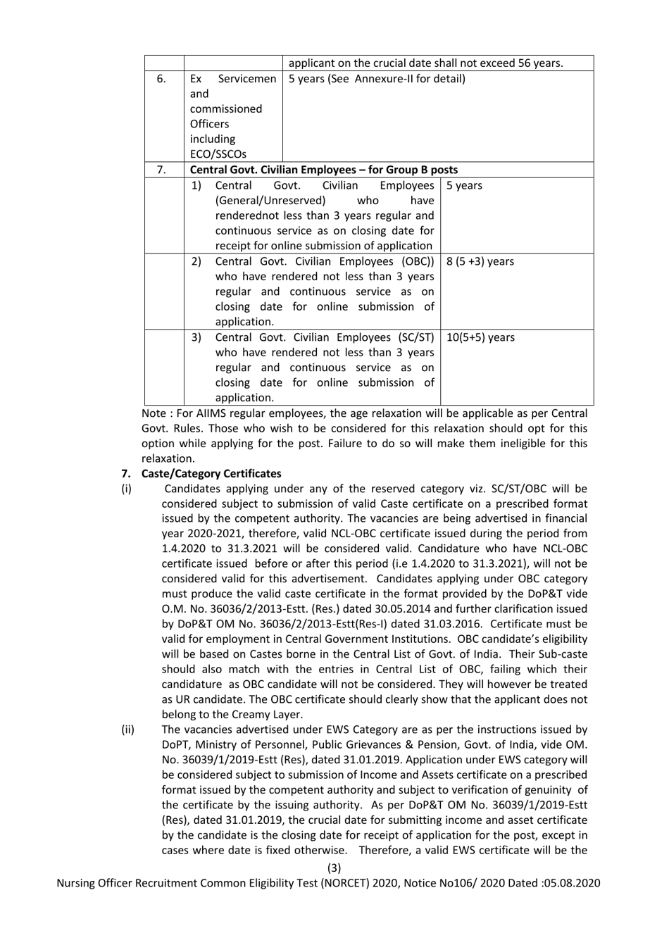 Nursing Officer Recruitment Common Eligibility Test (Norcet) 2020 - All India Institute of Medical Sciences - Delhi, India, Page 3