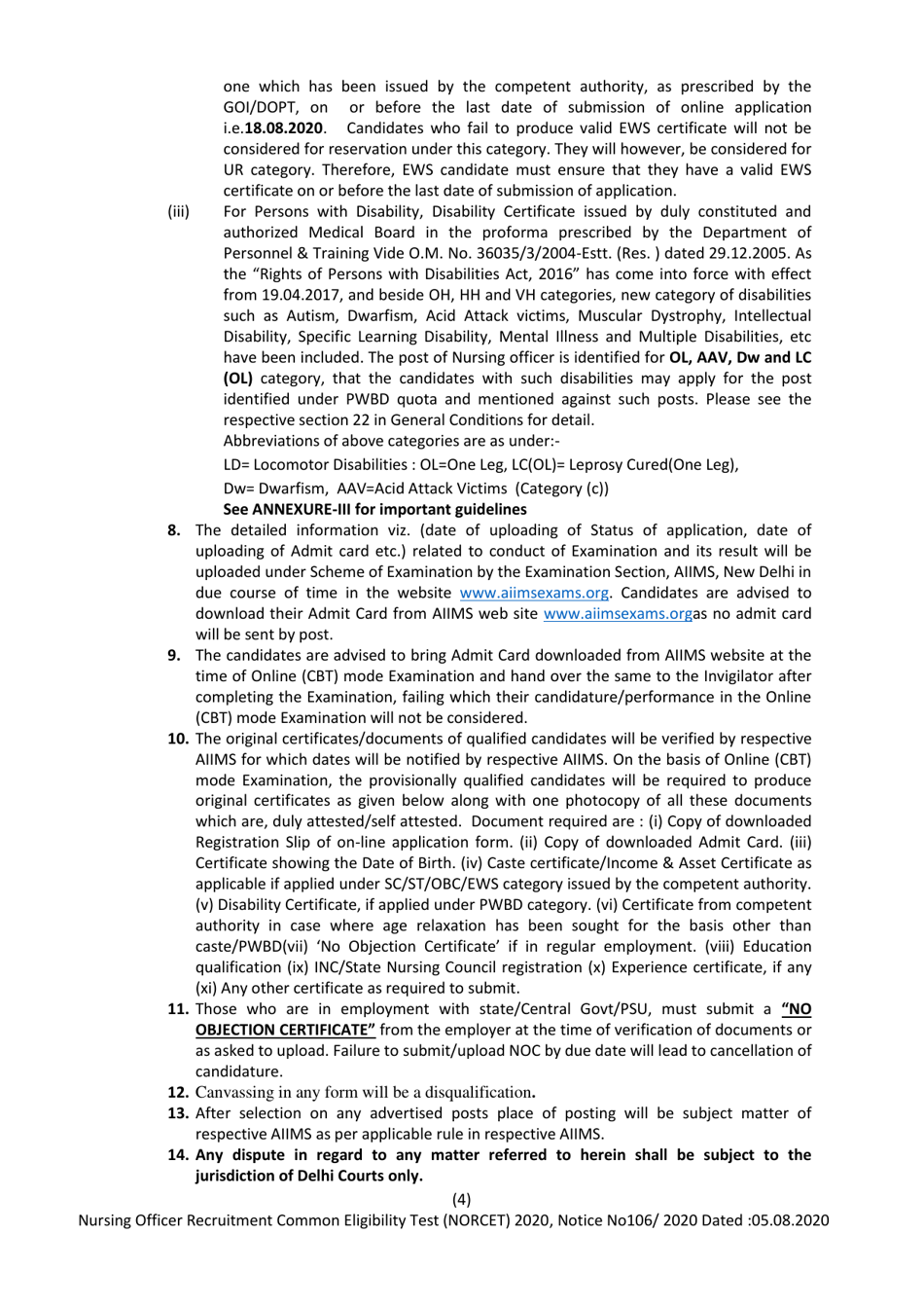 Nursing Officer Recruitment Common Eligibility Test (Norcet) 2020 - All India Institute of Medical Sciences - Delhi, India, Page 4