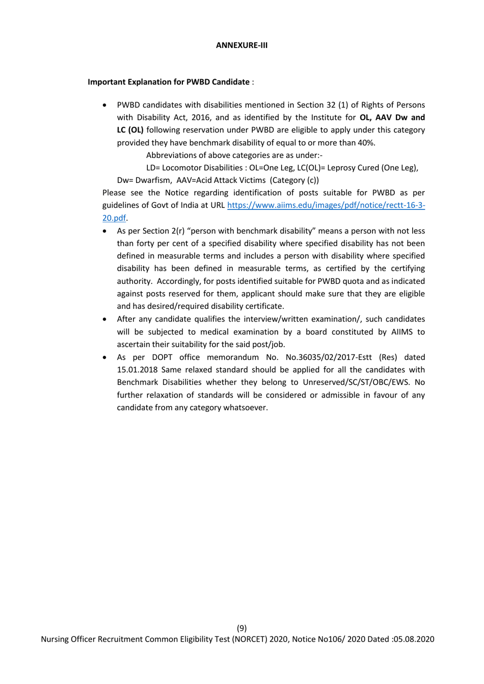Nursing Officer Recruitment Common Eligibility Test (Norcet) 2020 - All India Institute of Medical Sciences - Delhi, India, Page 9