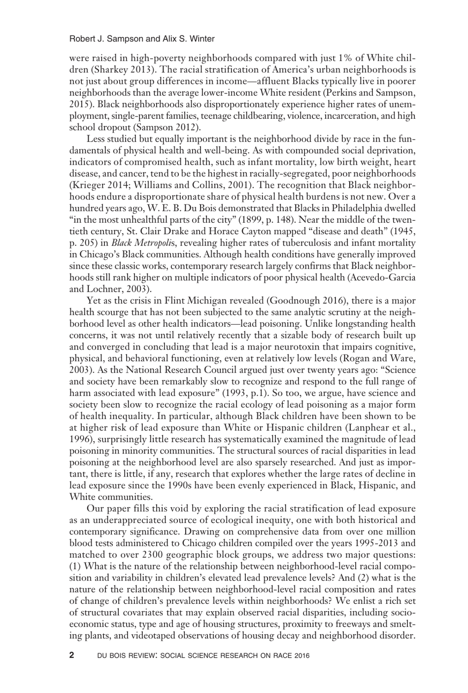 The Racial Ecology of Lead Poisoning: Toxic Inequality in Chicago Neighborhoods, 1995-2013 - Robert J. Sampson, Alix S. Winter, Page 2