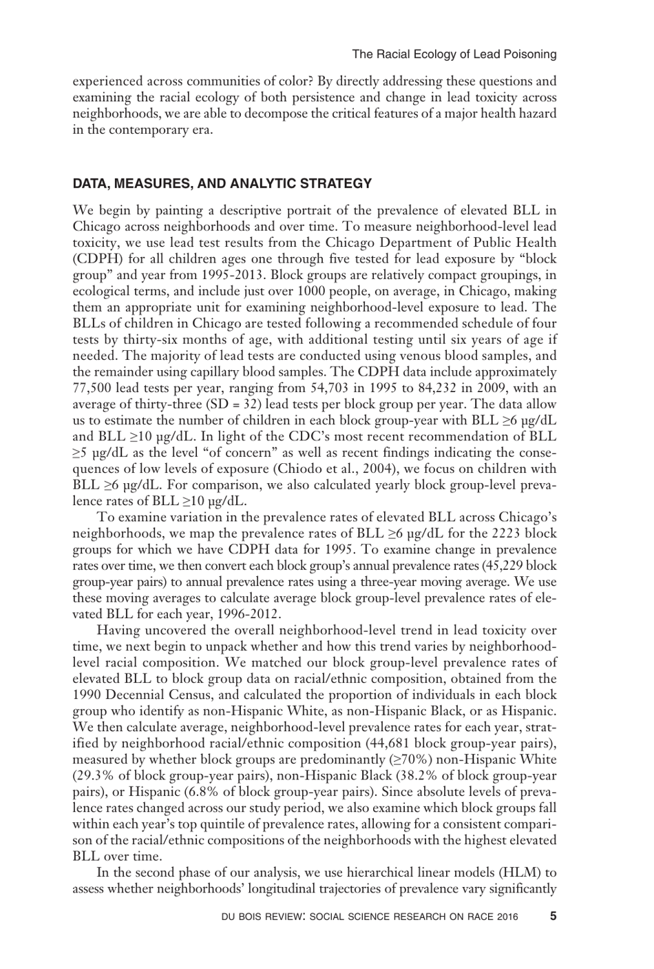 The Racial Ecology of Lead Poisoning: Toxic Inequality in Chicago Neighborhoods, 1995-2013 - Robert J. Sampson, Alix S. Winter, Page 5