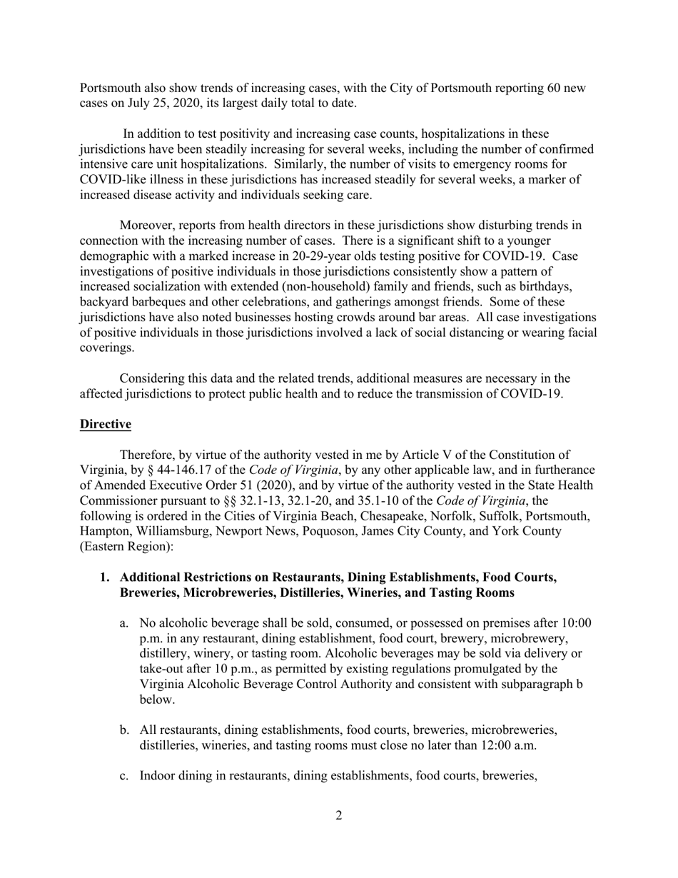 Additional Restrictions on the Eastern Region Due to Novel Coronavirus (Covid-19 - Virginia, Page 2