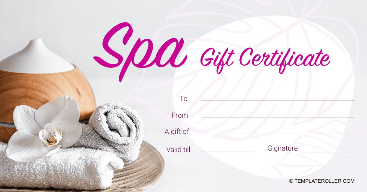 SPA Gift Certificate Template Pink Download Printable PDF