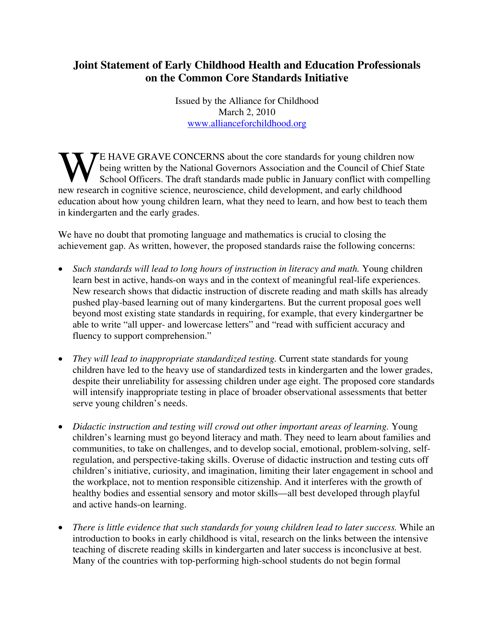 Alliance for Childhood - Joint Statement of Early Childhood Health and Education Professionals on the Common Core Standards Initiative