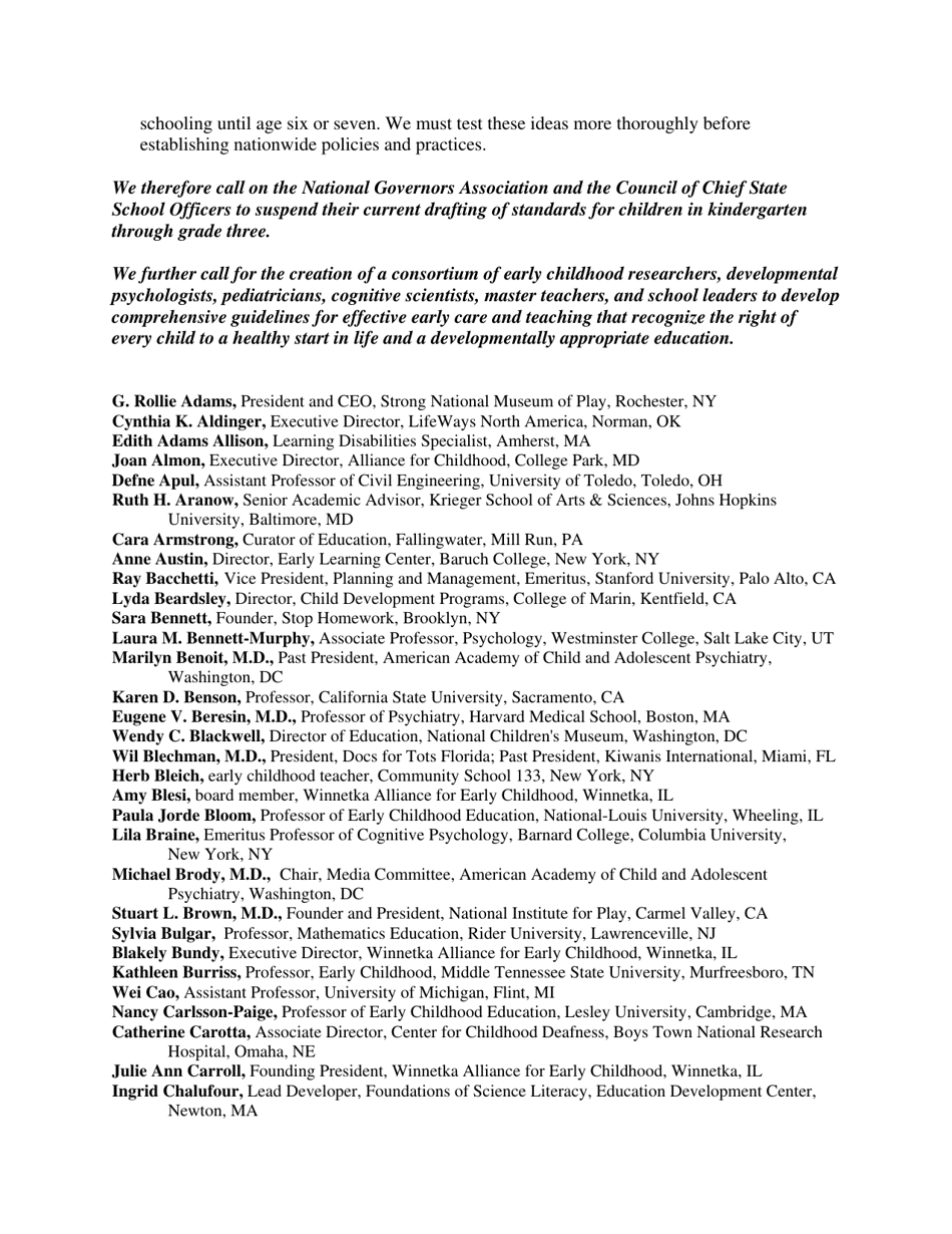 Joint Statement of Early Childhood Health and Education Professionals on the Common Core Standards Initiative - Alliance for Childhood, Page 2