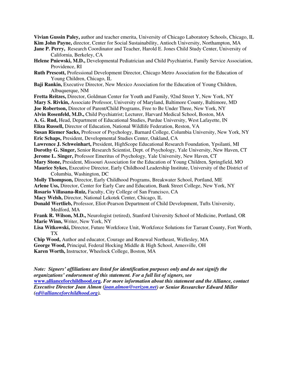 Joint Statement of Early Childhood Health and Education Professionals on the Common Core Standards Initiative - Alliance for Childhood, Page 5