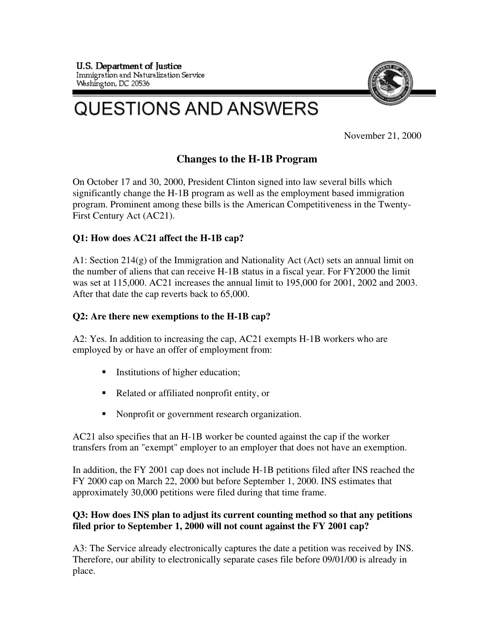 Changes to the H-1b Program: Questions and Answers Download Pdf