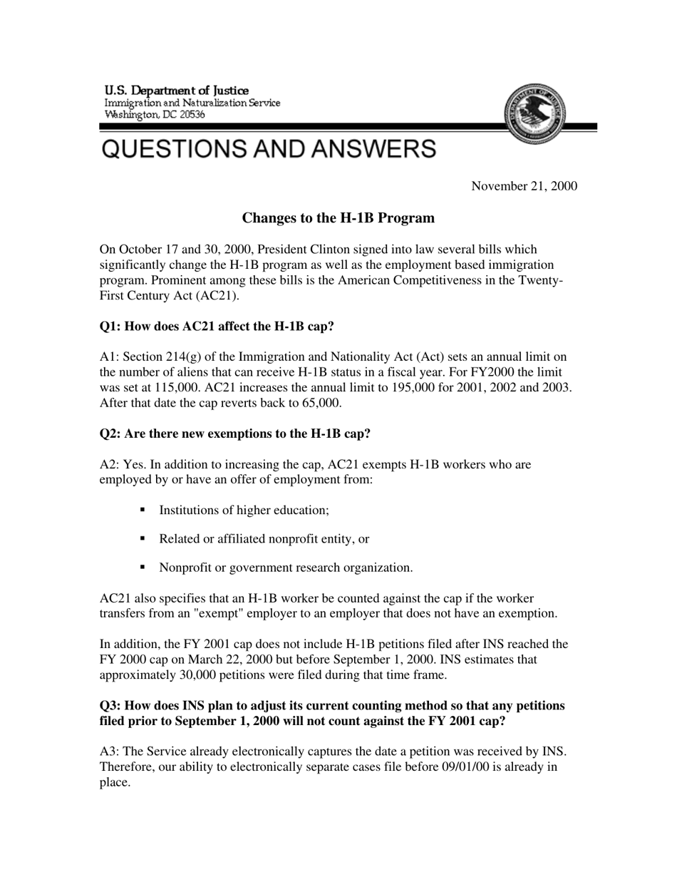 Changes to the H1b Program Questions and Answers Fill Out, Sign