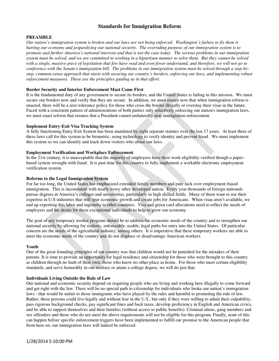 Standards for Immigration Reform - Draft, Page 1