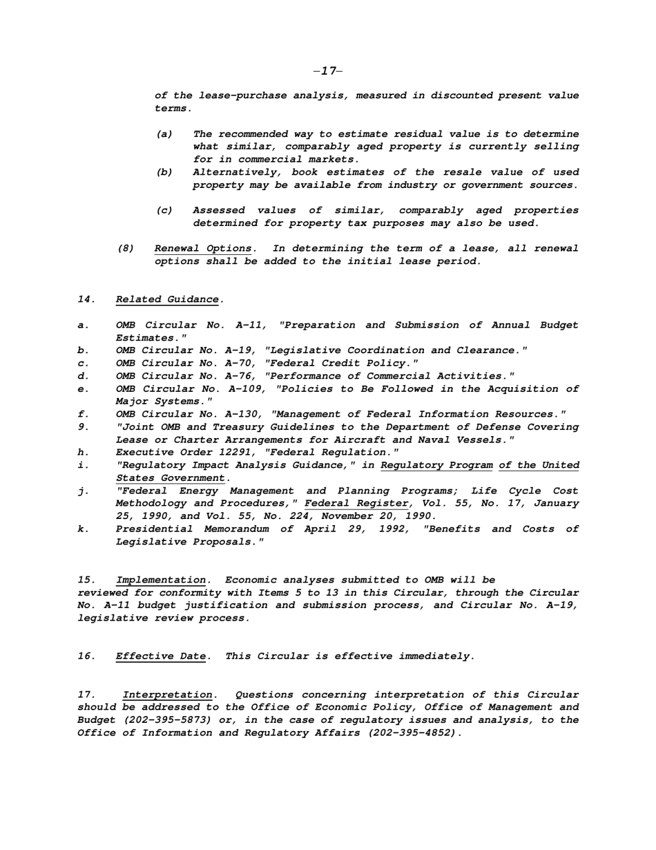 Circular a-94: Guidelines and Discount Rates for Benefit-Cost Analysis of Federal Programs, Page 17