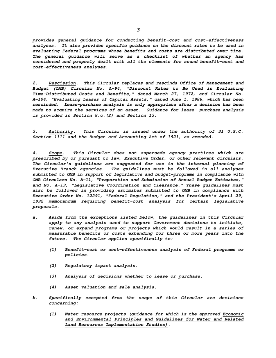 Circular a-94: Guidelines and Discount Rates for Benefit-Cost Analysis of Federal Programs, Page 3