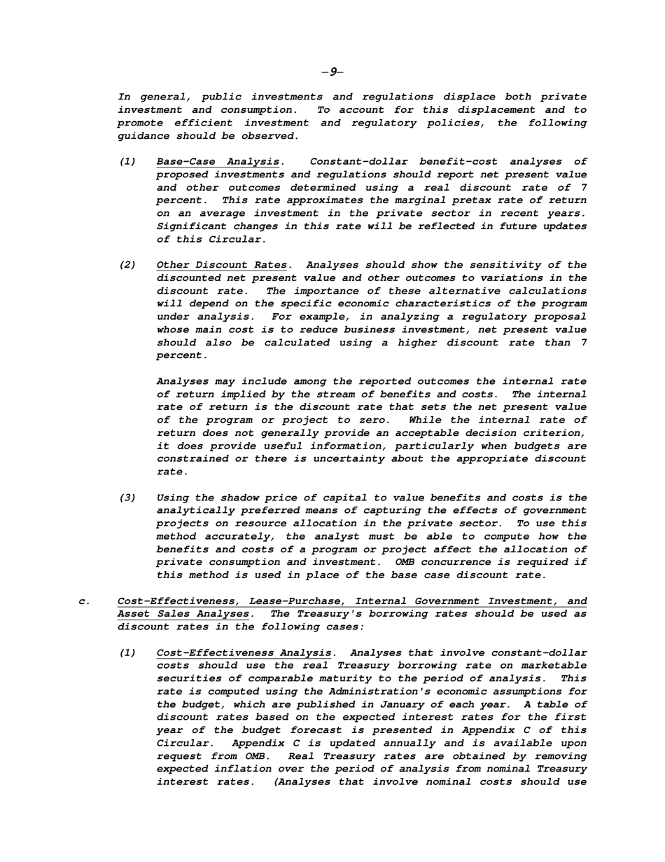 Circular a-94: Guidelines and Discount Rates for Benefit-Cost Analysis of Federal Programs, Page 9