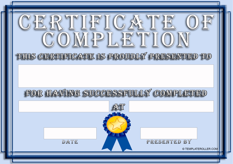Blue certificate of completion template with a yellow star