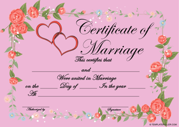 Document preview: Marriage Certificate Template - Pink