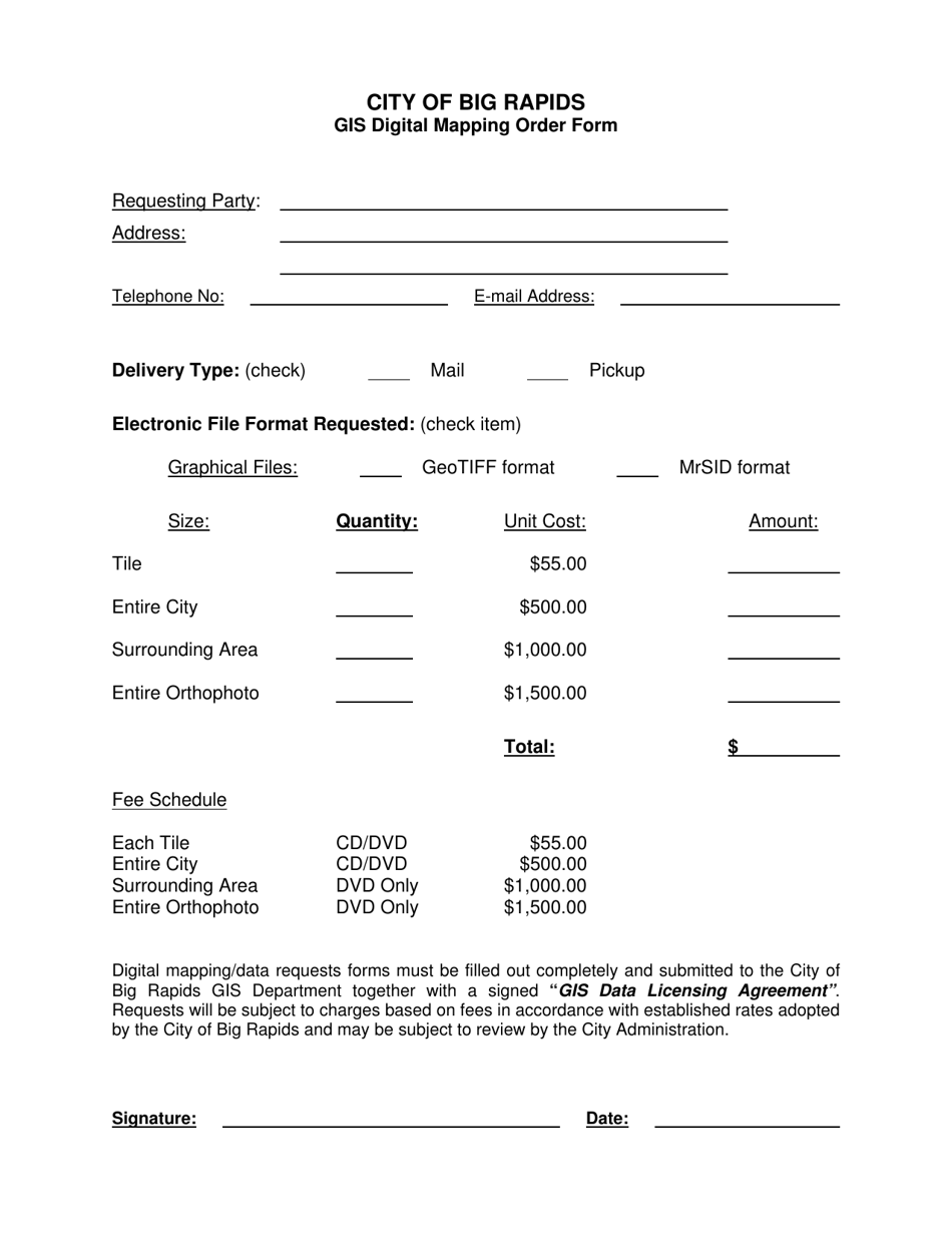 Gis Digital Mapping Order Form - City of Big Rapids, Michigan, Page 1