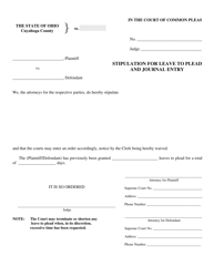 Document preview: Stipulation for Leave to Plead and Journal Entry - Cuyahoga County, Ohio