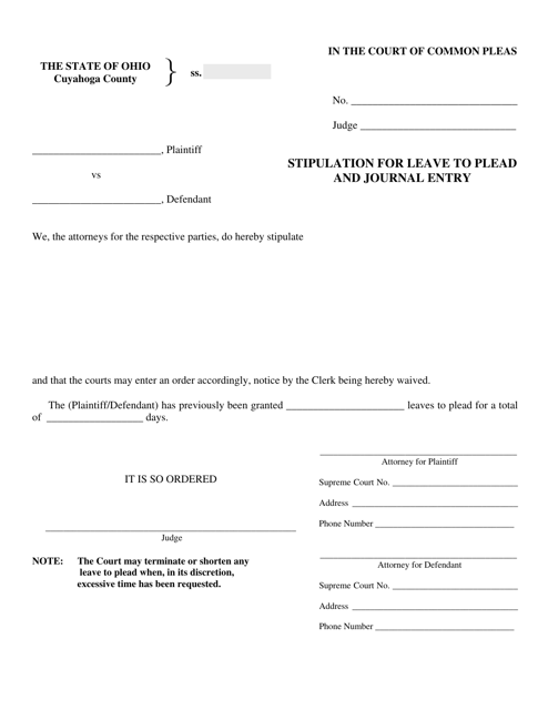 Stipulation for Leave to Plead and Journal Entry - Cuyahoga County, Ohio Download Pdf