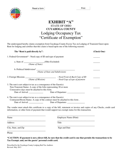 Exhibit A Lodging Occupancy Tax Certificate of Exemption - Cuyahoga County, Ohio